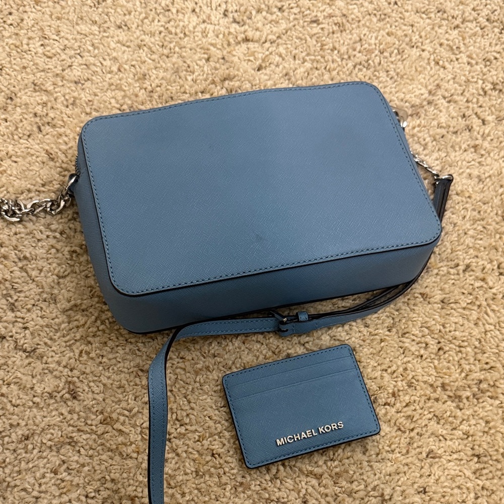 Michael Kors Jet Set Large Saffiano Leather Crossbody Bag + Card Holder | Blue - Picture 5 of 10